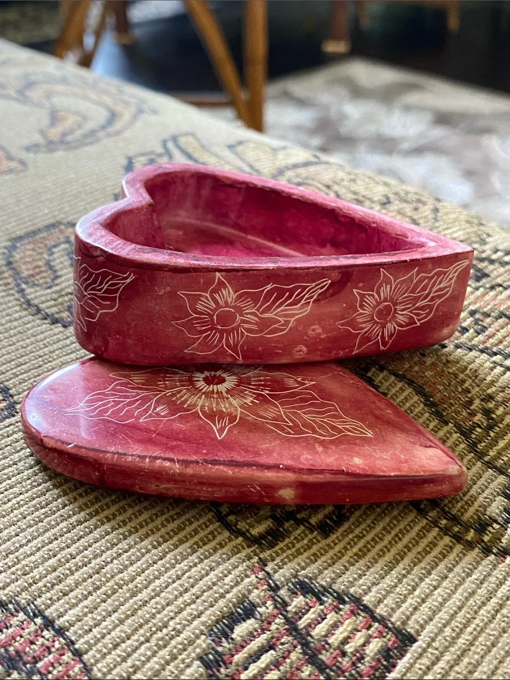 Vintage Hand-Painted/Etched Red Lidded  Soapstone Trinket Box
